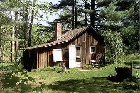 photo of a modest rustic building in a forest clearing. a water pump is in evidence.